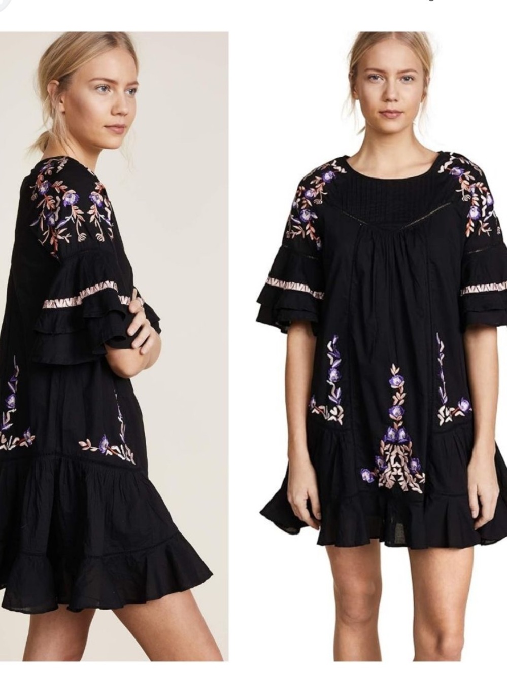 Free People Embroidered Black Flutter-Sleeve Women's mini dress size XS